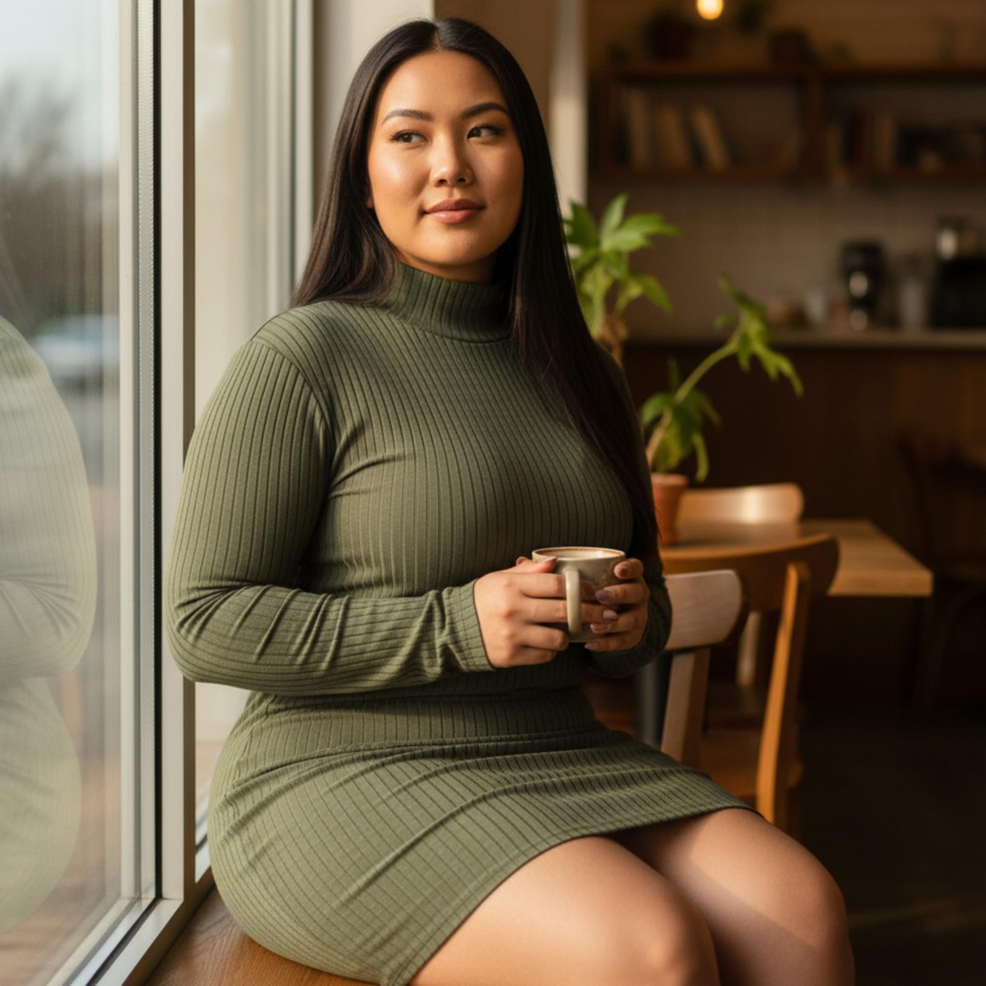 Plus Size Ribbed Long Sleeve Mock Neck Mini Bodycon Dress - ZumBuys