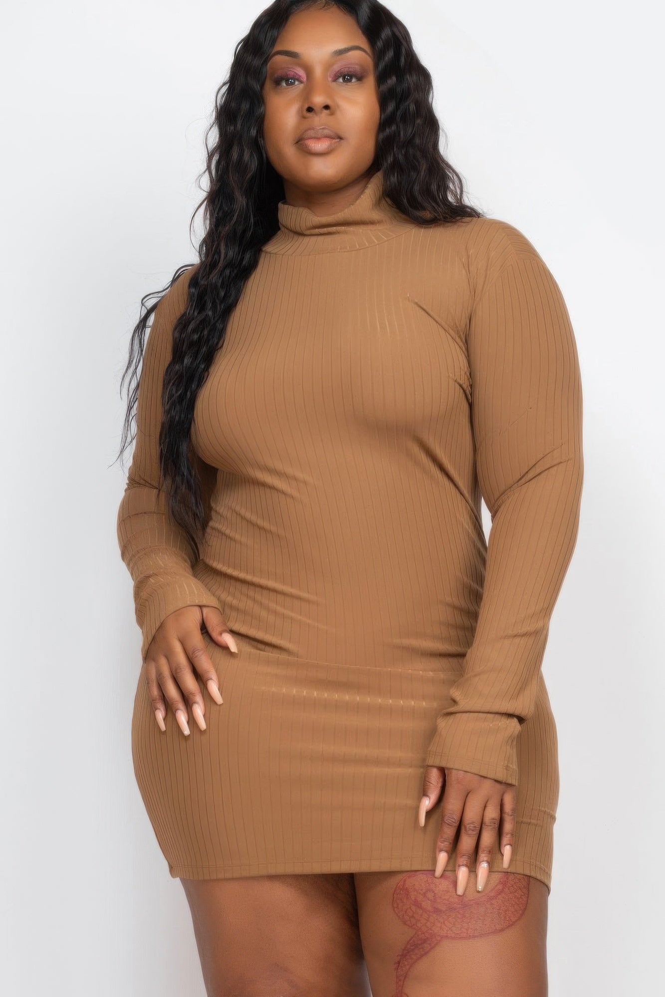 Plus Size Ribbed Long Sleeve Mock Neck Mini Bodycon Dress - ZumBuys