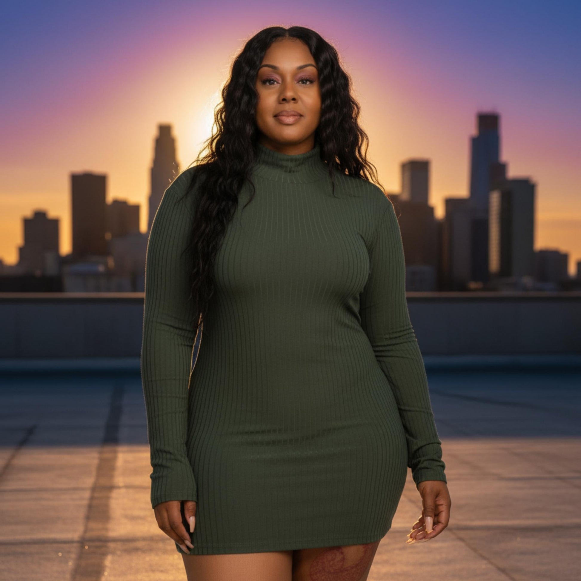Plus Size Ribbed Long Sleeve Mock Neck Mini Bodycon Dress - ZumBuys
