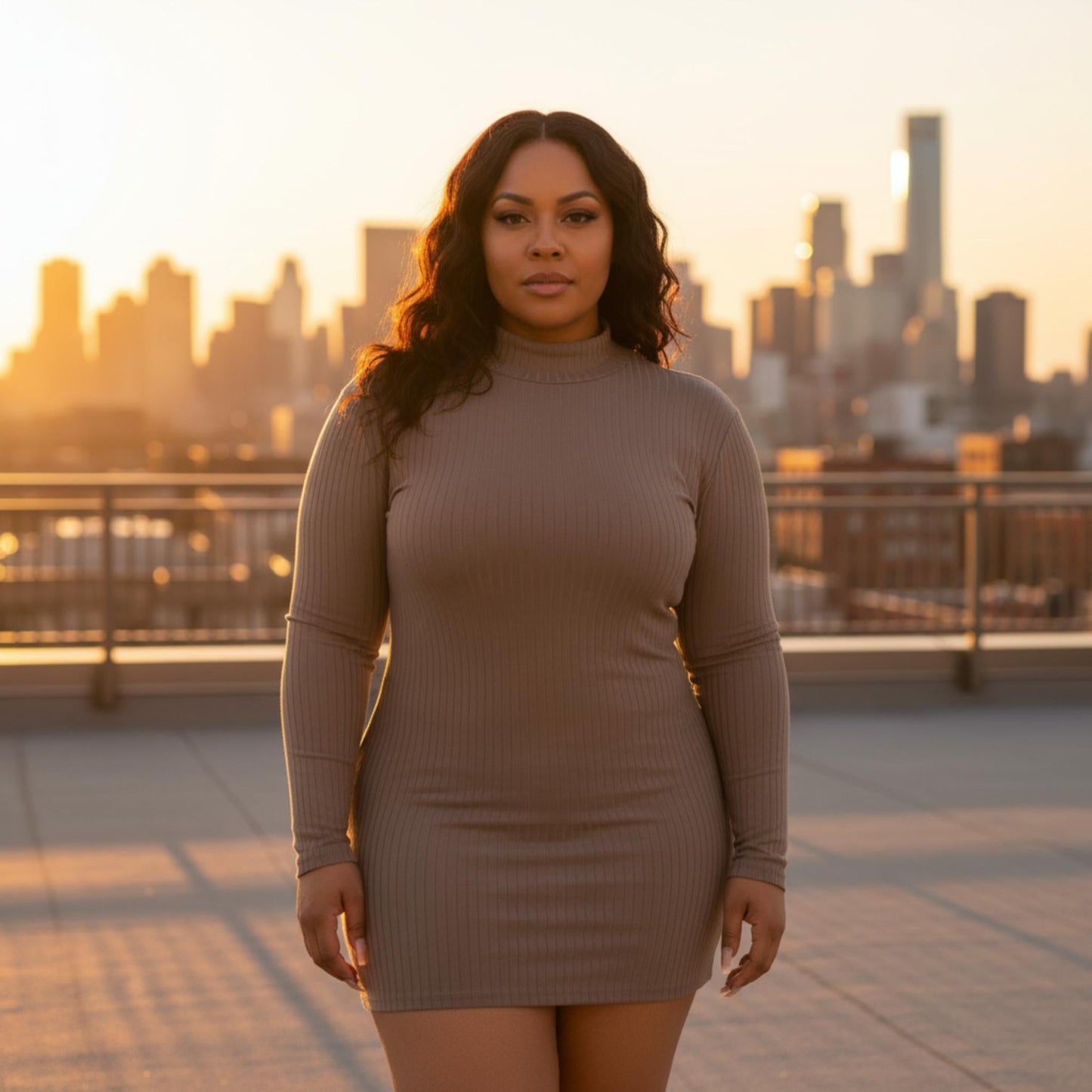 Plus Size Ribbed Long Sleeve Mock Neck Mini Bodycon Dress - ZumBuys