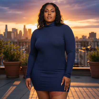 Plus Size Ribbed Long Sleeve Mock Neck Mini Bodycon Dress - ZumBuys