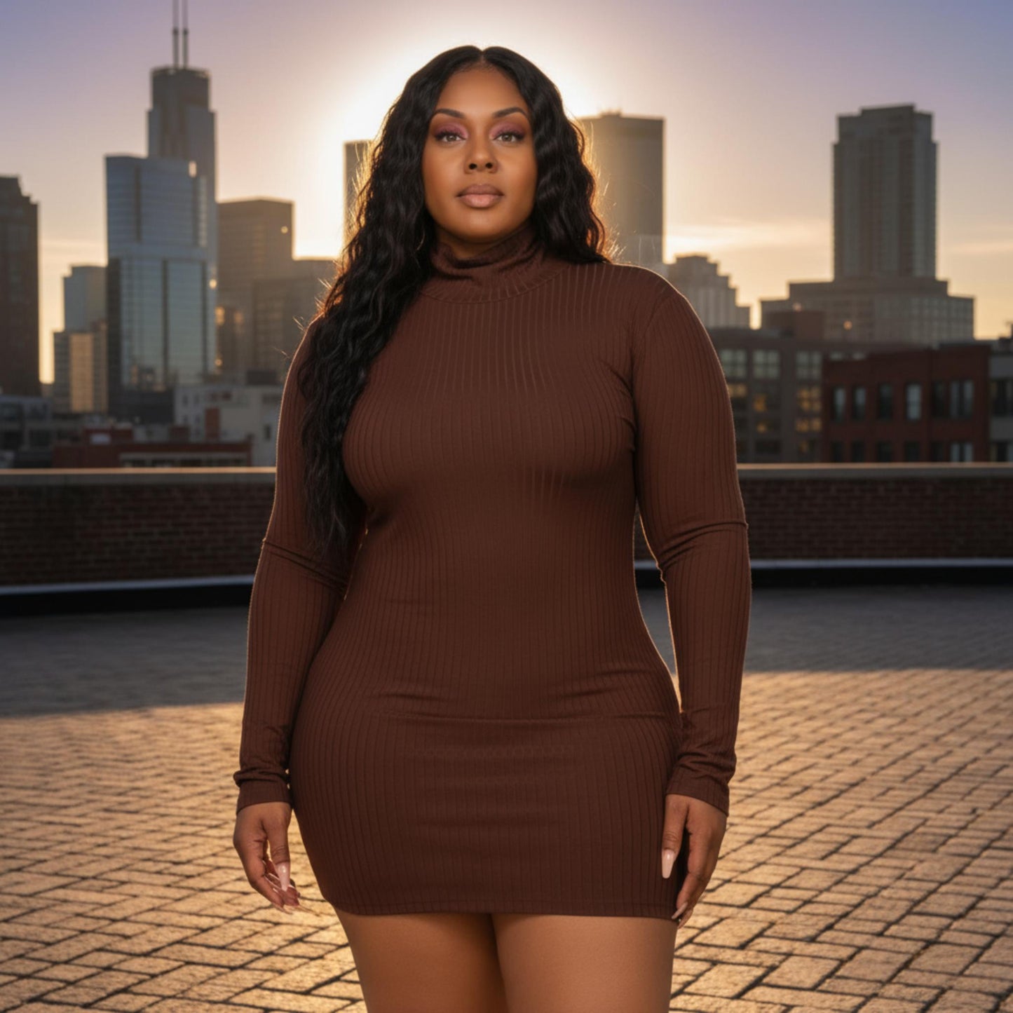 Plus Size Ribbed Long Sleeve Mock Neck Mini Bodycon Dress - ZumBuys