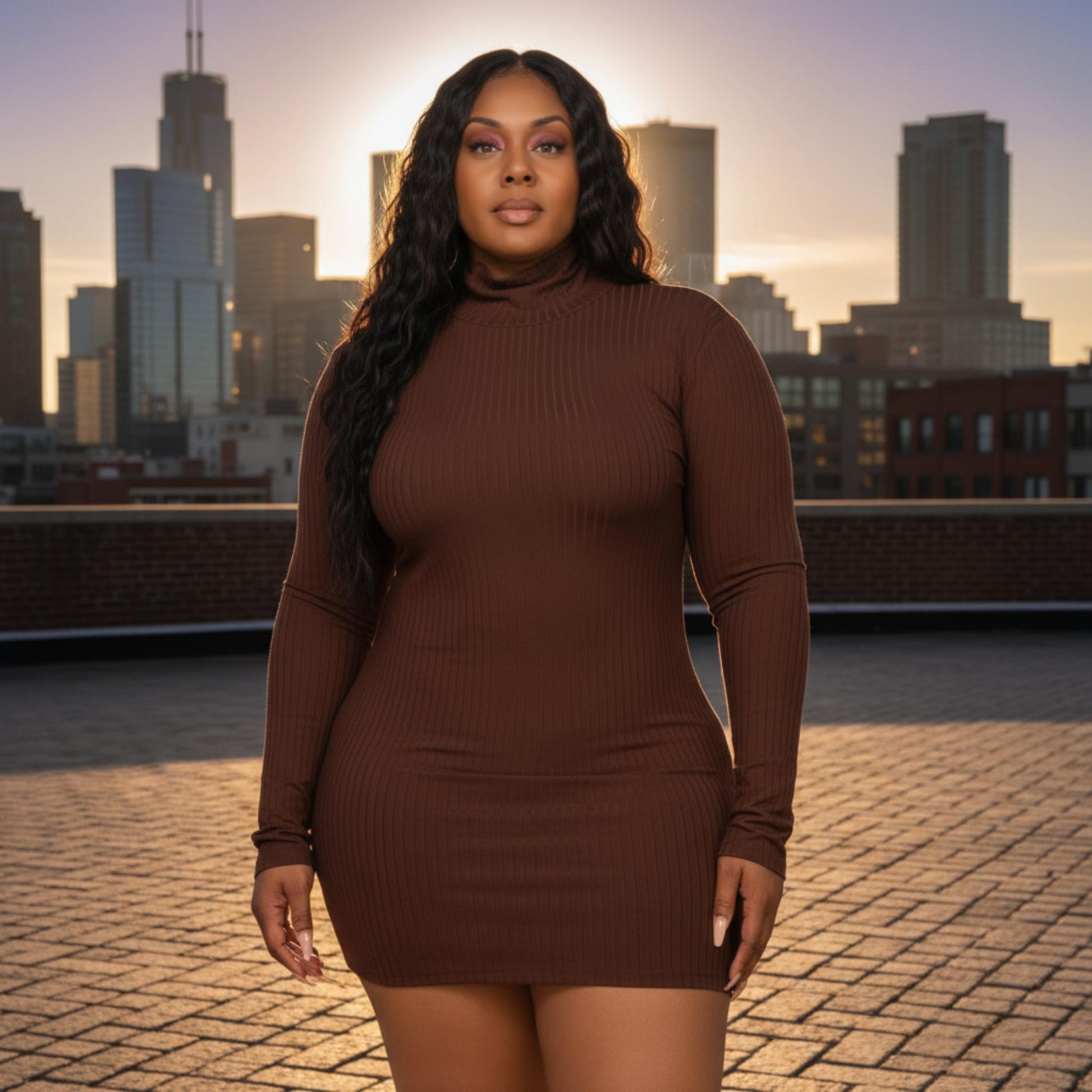 Plus Size Ribbed Long Sleeve Mock Neck Mini Bodycon Dress - ZumBuys