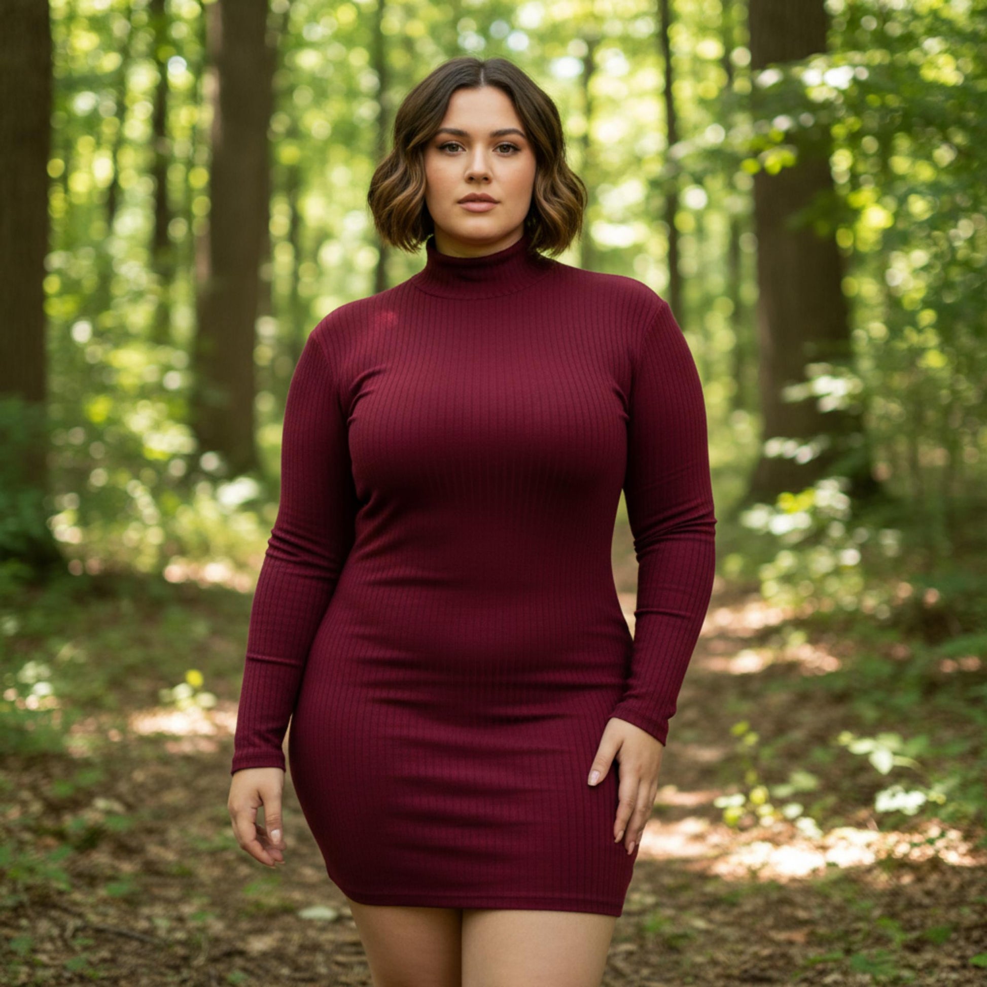 Plus Size Ribbed Long Sleeve Mock Neck Mini Bodycon Dress - ZumBuys