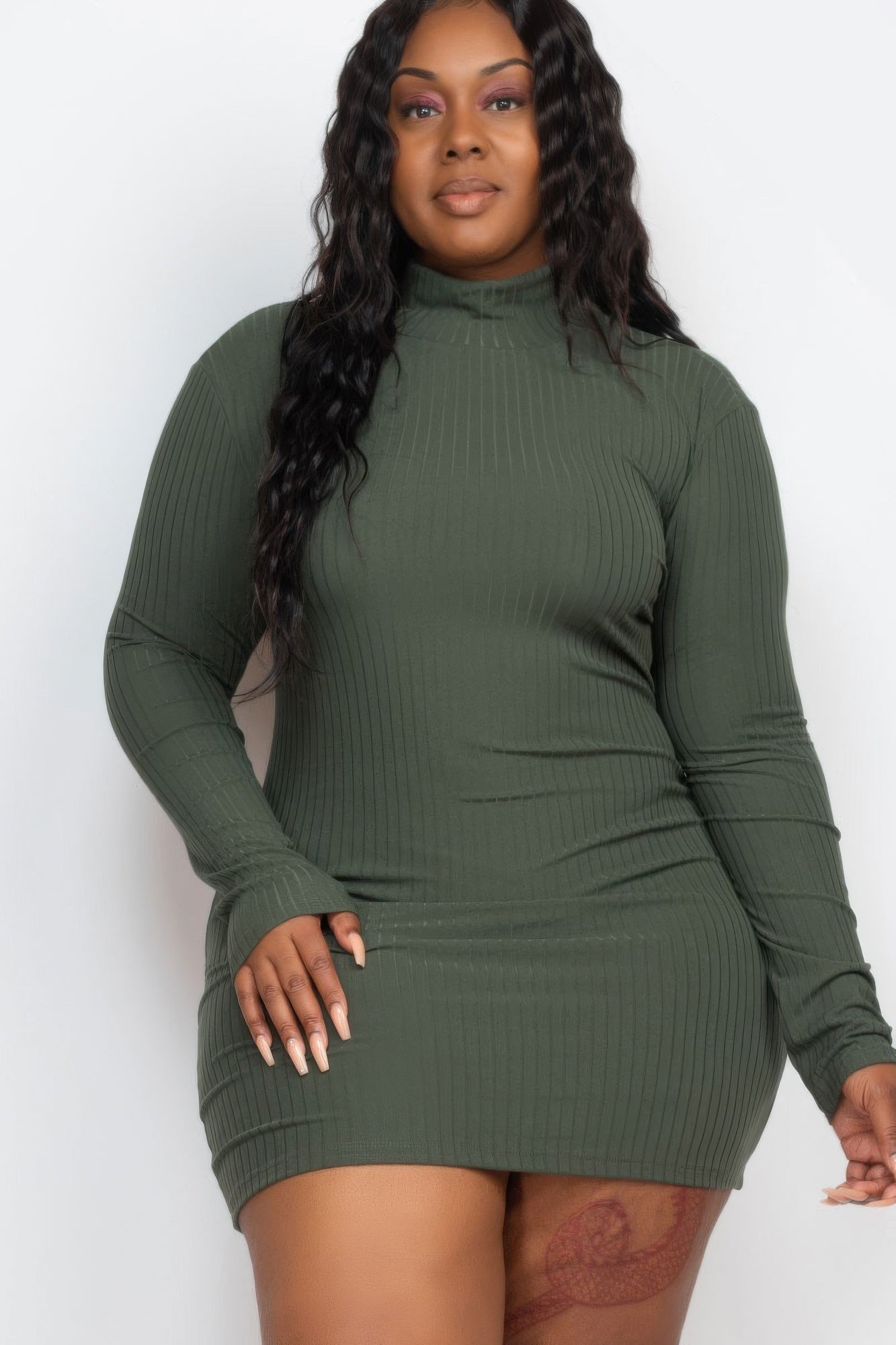Plus Size Ribbed Long Sleeve Mock Neck Mini Bodycon Dress - ZumBuys