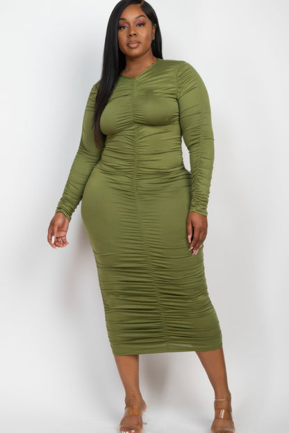 Plus Size Ruched Long Sleeve Midi Dress - ZumBuys