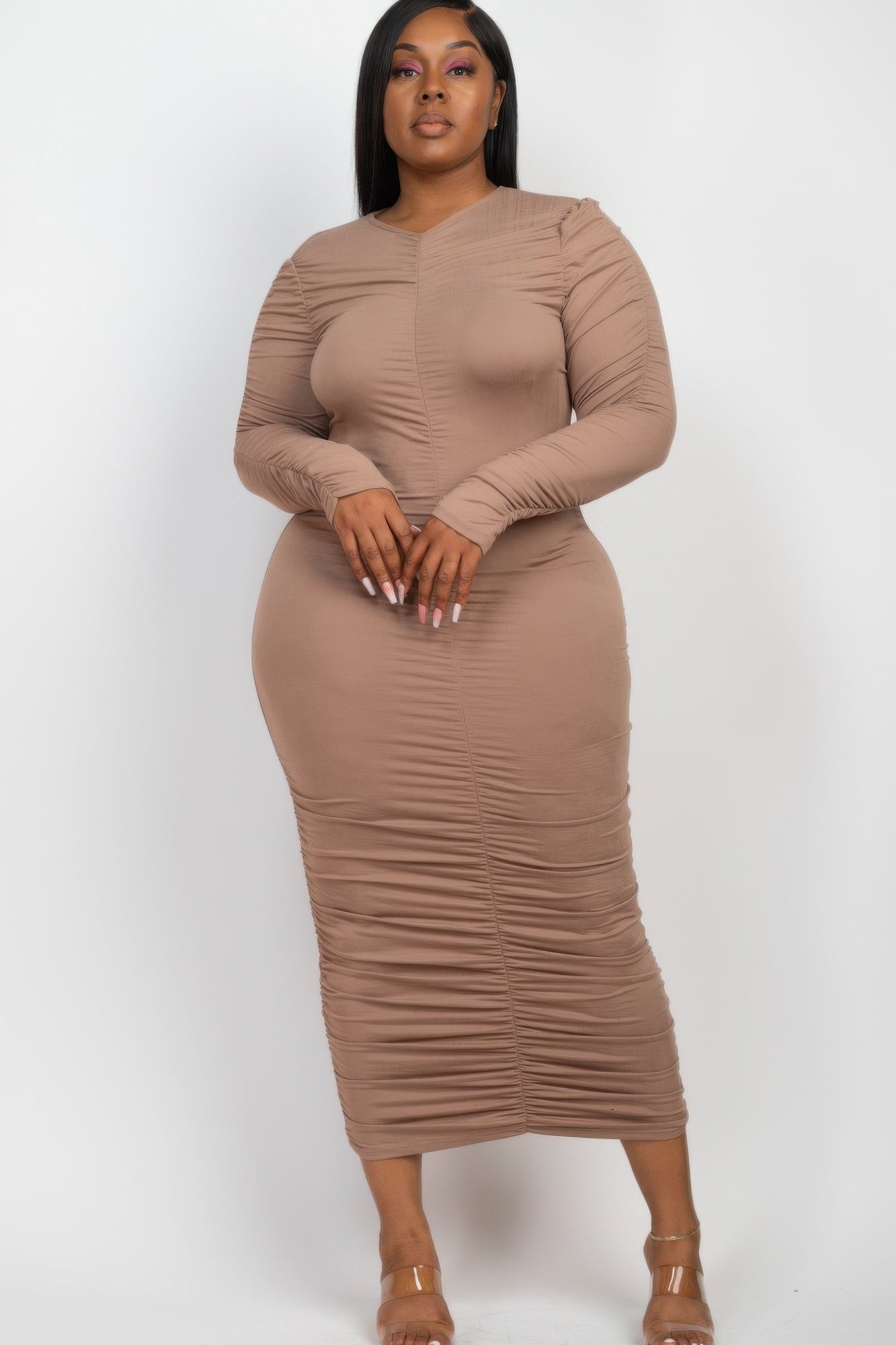 Plus Size Ruched Long Sleeve Midi Dress - ZumBuys