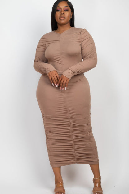 Plus Size Ruched Long Sleeve Midi Dress - ZumBuys