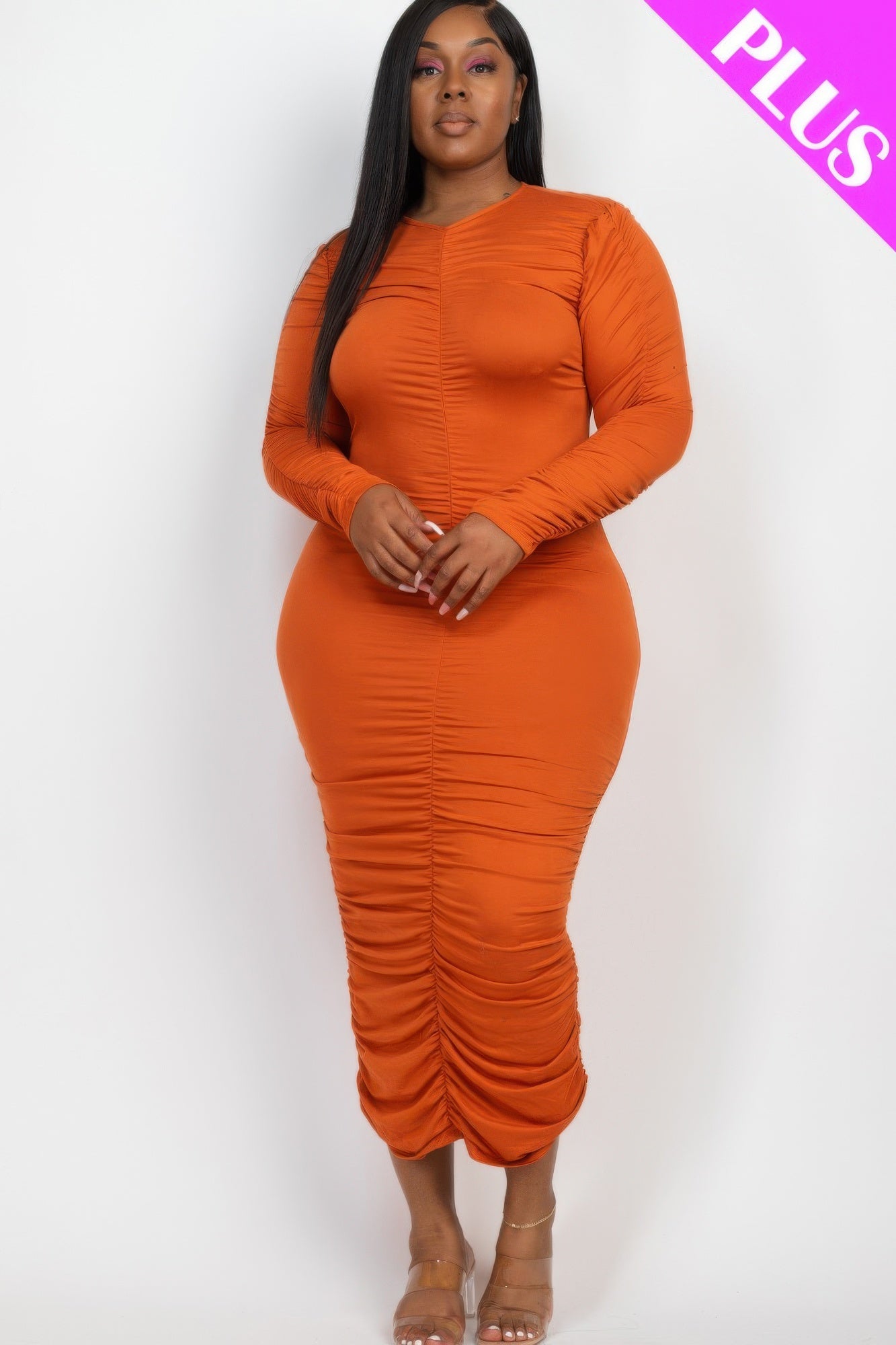 Plus Size Ruched Long Sleeve Midi Dress - ZumBuys