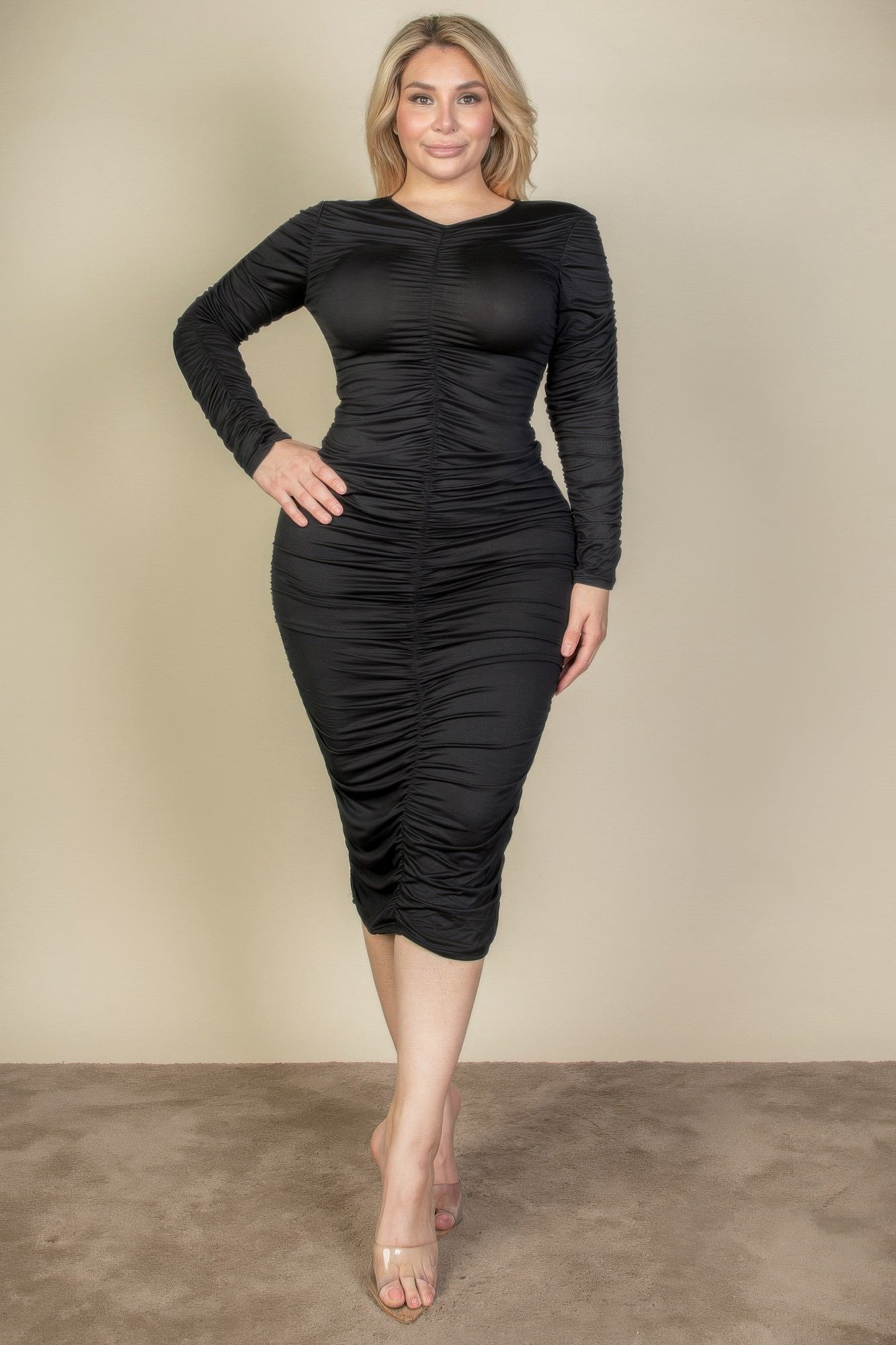 Plus Size Ruched Long Sleeve Midi Dress - ZumBuys