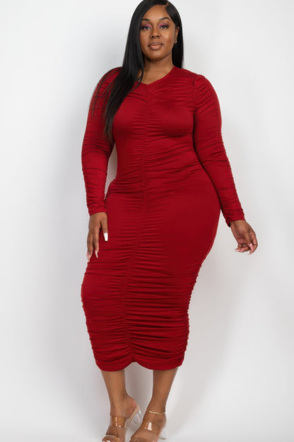 Plus Size Ruched Long Sleeve Midi Dress - ZumBuys