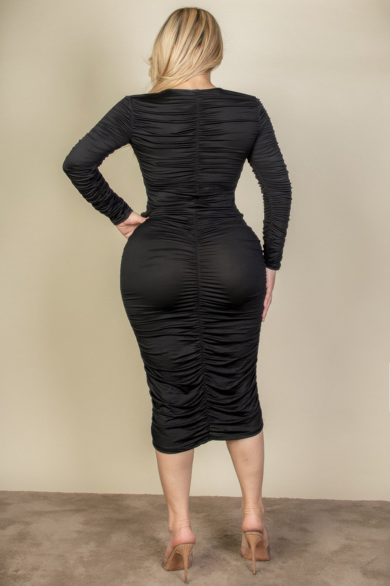 Plus Size Ruched Long Sleeve Midi Dress - ZumBuys