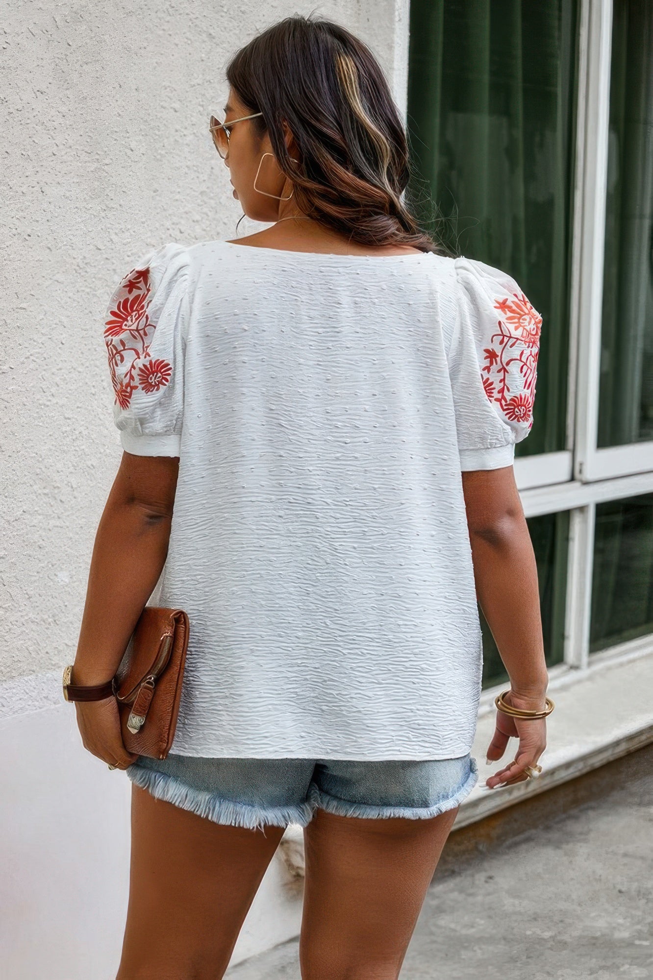 Plus Size Square Neck Floral Puff Sleeve Shirt - ZumBuys