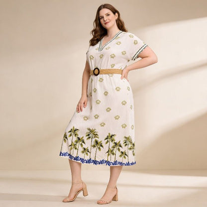 Plus Size Tropical Border Print Midi Dress | Resort Style Summer Dress - ZumBuys