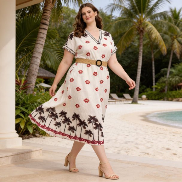 Plus Size Tropical Border Print Midi Dress | Resort Style Summer Dress - ZumBuys