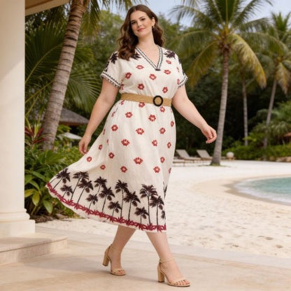 Plus Size Tropical Border Print Midi Dress | Resort Style Summer Dress - ZumBuys