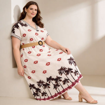 Plus Size Tropical Border Print Midi Dress | Resort Style Summer Dress - ZumBuys