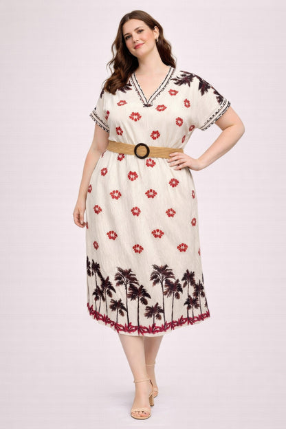 Plus Size Tropical Border Print Midi Dress | Resort Style Summer Dress - ZumBuys