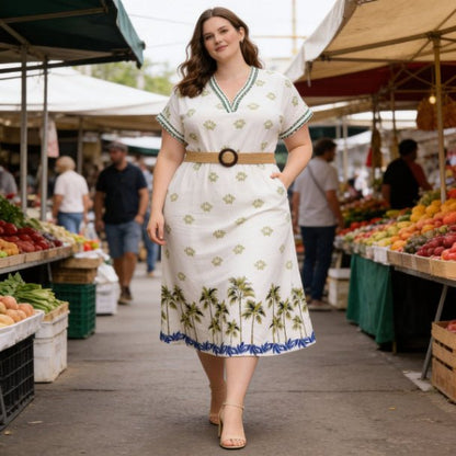 Plus Size Tropical Border Print Midi Dress | Resort Style Summer Dress - ZumBuys
