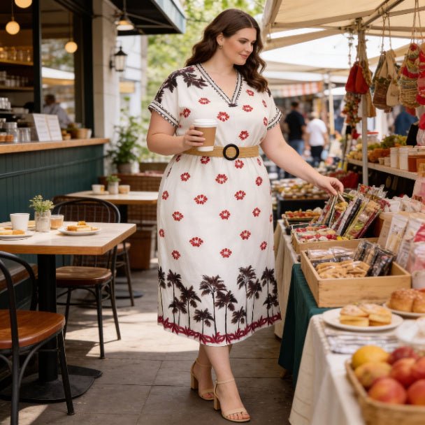 Plus Size Tropical Border Print Midi Dress | Resort Style Summer Dress - ZumBuys