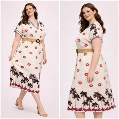 Plus Size Tropical Border Print Midi Dress | Resort Style Summer Dress - ZumBuys