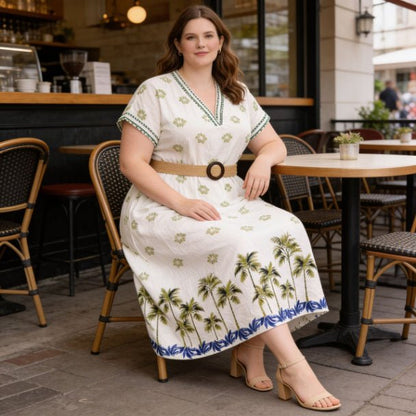 Plus Size Tropical Border Print Midi Dress | Resort Style Summer Dress - ZumBuys