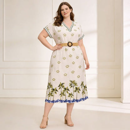 Plus Size Tropical Border Print Midi Dress | Resort Style Summer Dress - ZumBuys