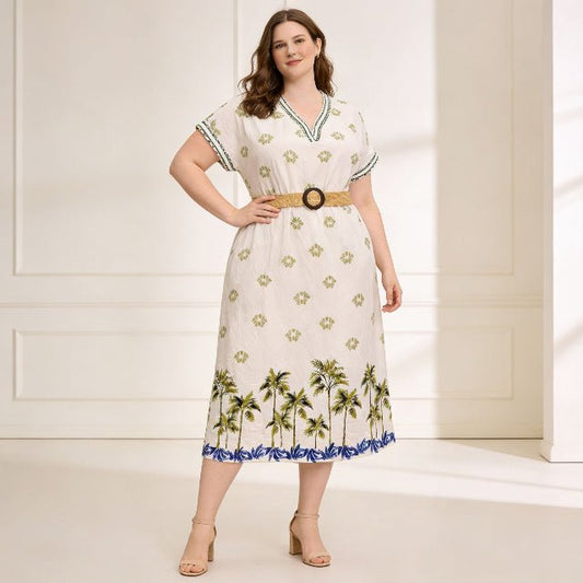 Plus Size Tropical Border Print Midi Dress | Resort Style Summer Dress - ZumBuys