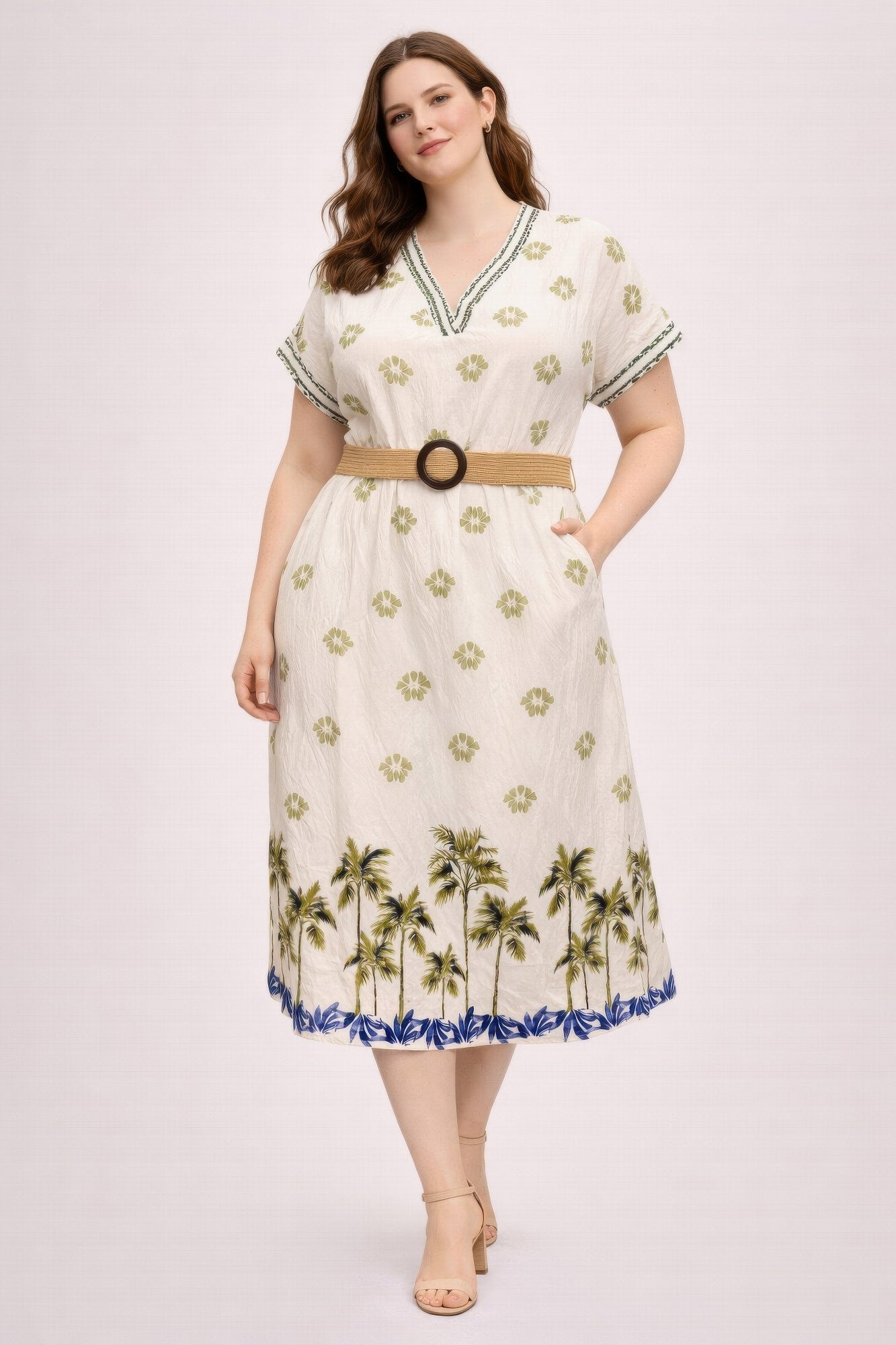 Plus Size Tropical Border Print Midi Dress | Resort Style Summer Dress - ZumBuys