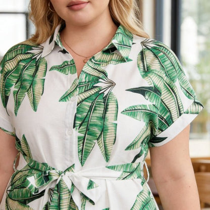 Plus Size Tropical Leaf Midi Dress | Button Front Resort Shirt Dress - ZumBuys