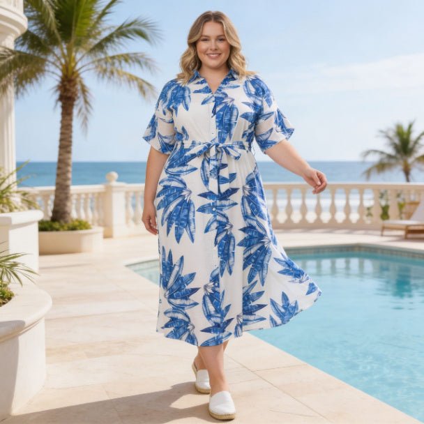 Plus Size Tropical Leaf Midi Dress | Button Front Resort Shirt Dress - ZumBuys