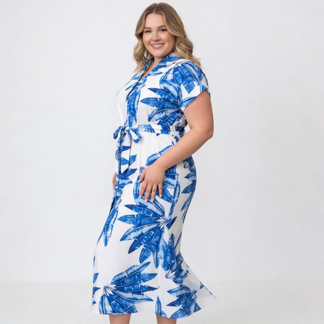 Plus Size Tropical Leaf Midi Dress | Button Front Resort Shirt Dress - ZumBuys