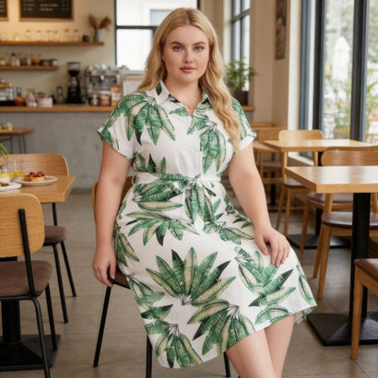 Plus Size Tropical Leaf Midi Dress | Button Front Resort Shirt Dress - ZumBuys