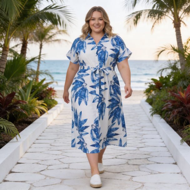 Plus Size Tropical Leaf Midi Dress | Button Front Resort Shirt Dress - ZumBuys