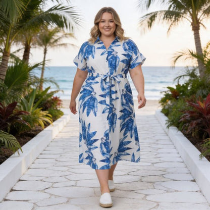 Plus Size Tropical Leaf Midi Dress | Button Front Resort Shirt Dress - ZumBuys