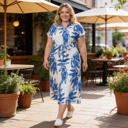 Plus Size Tropical Leaf Midi Dress | Button Front Resort Shirt Dress - ZumBuys