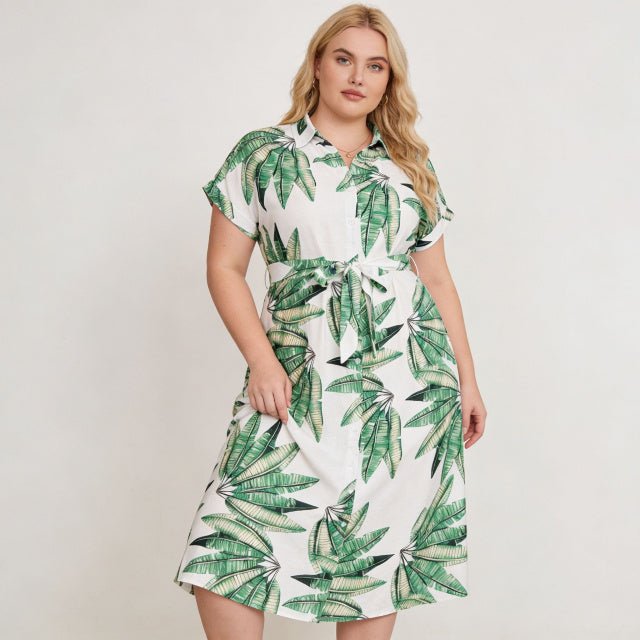 Plus Size Tropical Leaf Midi Dress | Button Front Resort Shirt Dress - ZumBuys