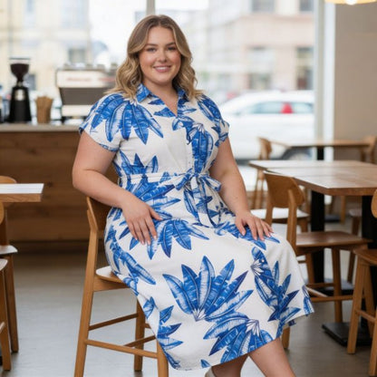 Plus Size Tropical Leaf Midi Dress | Button Front Resort Shirt Dress - ZumBuys