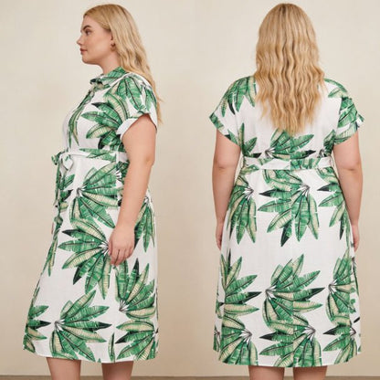 Plus Size Tropical Leaf Midi Dress | Button Front Resort Shirt Dress - ZumBuys