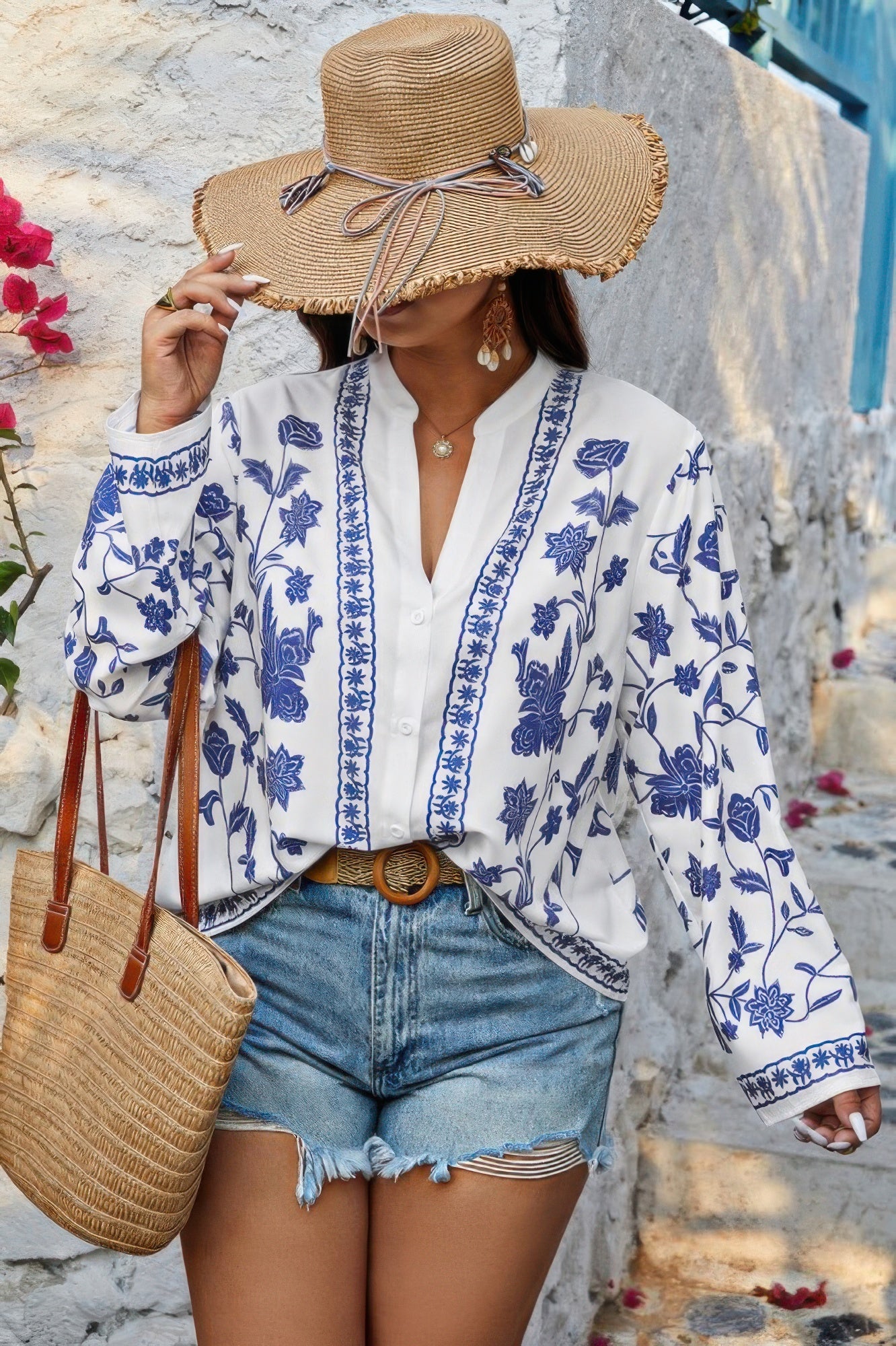 Plus Size V Neck Button Floral Print Loose Blouse - ZumBuys