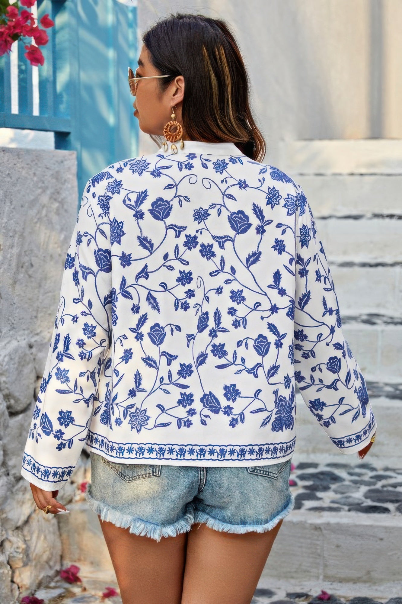 Plus Size V Neck Button Floral Print Loose Blouse - ZumBuys