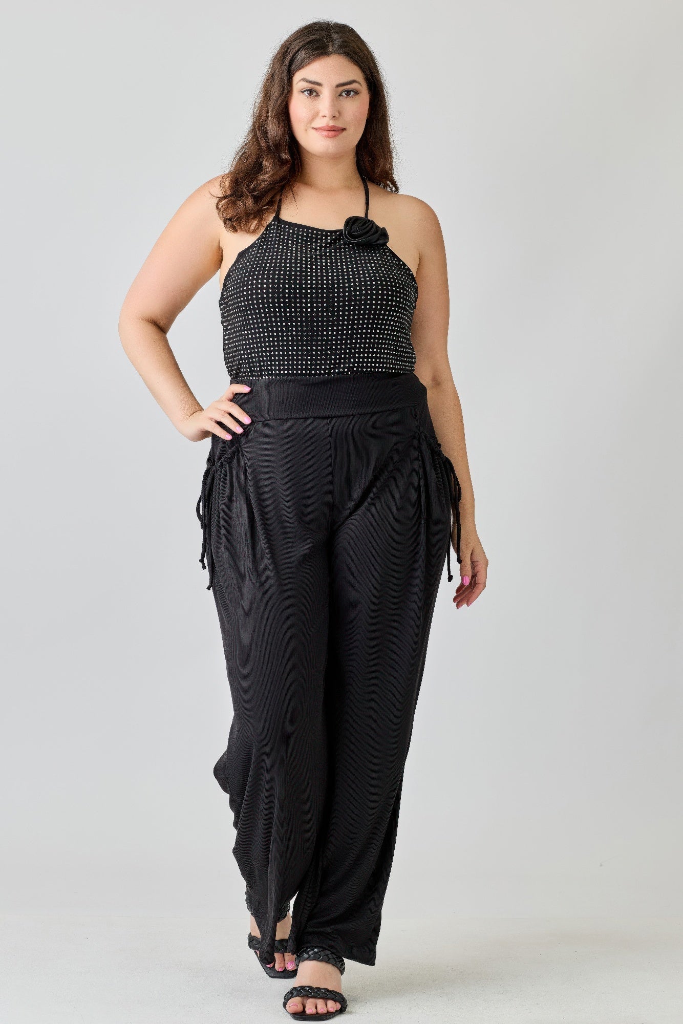Plus Size Wide - leg Pants W Side Drawstring Detail - ZumBuys