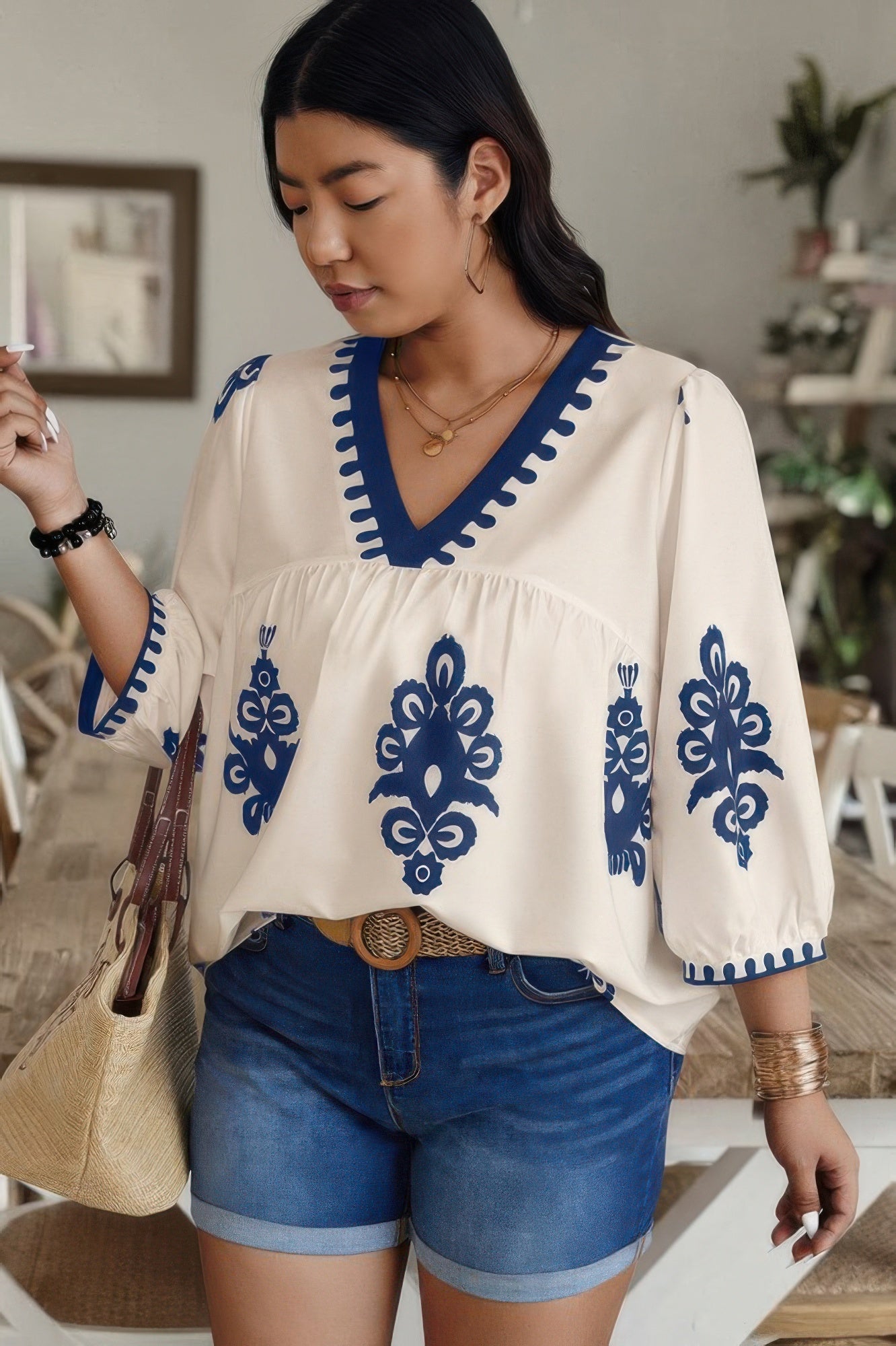 Plus V Neck Geo Print Puff Sleeve Blouse - ZumBuys