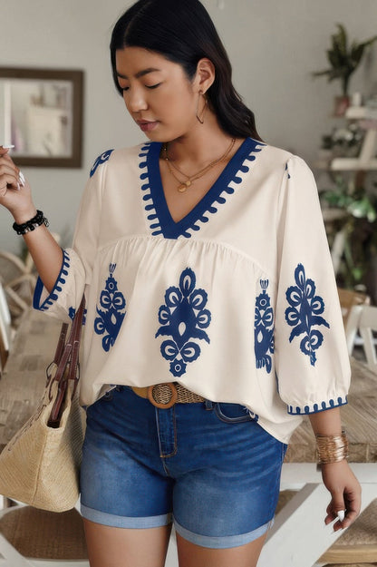 Plus V Neck Geo Print Puff Sleeve Blouse - ZumBuys