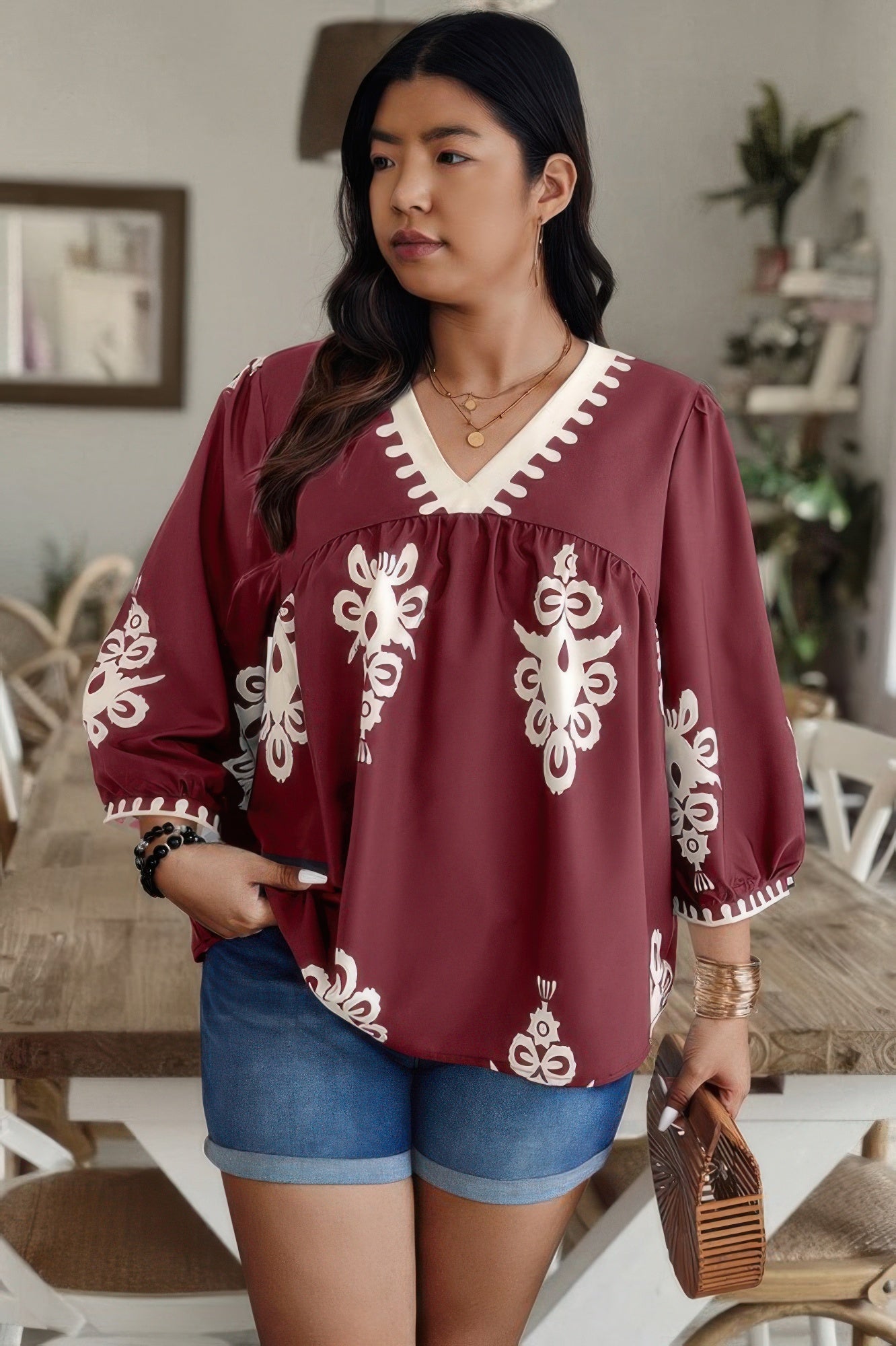 Plus V Neck Geo Print Puff Sleeve Blouse - ZumBuys