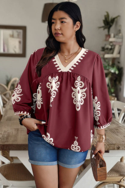 Plus V Neck Geo Print Puff Sleeve Blouse - ZumBuys