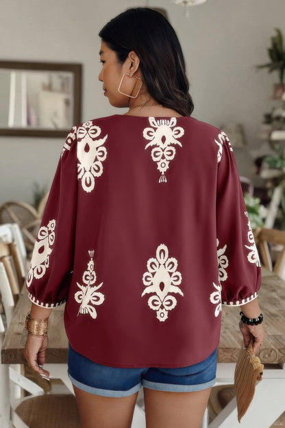 Plus V Neck Geo Print Puff Sleeve Blouse - ZumBuys