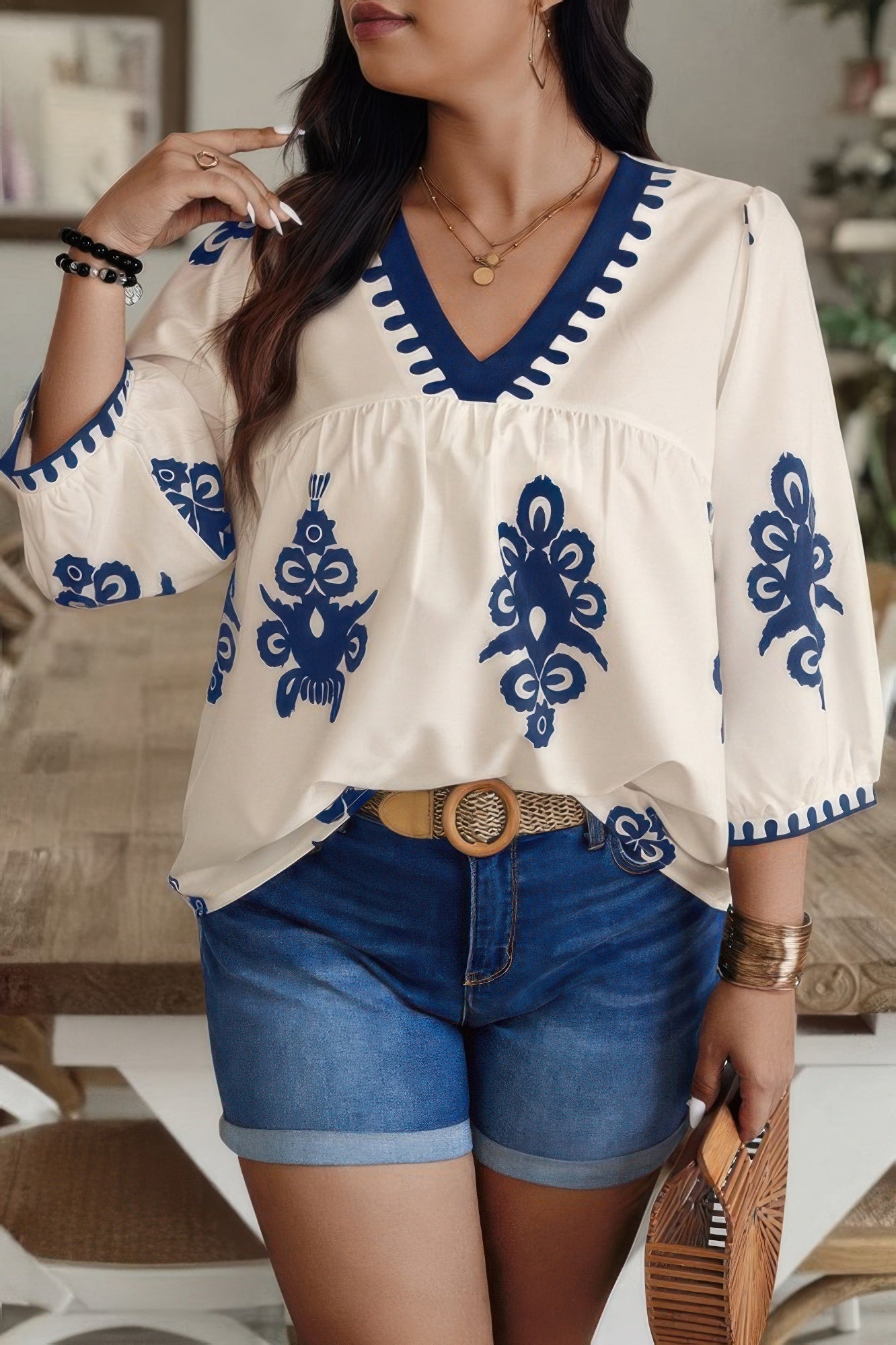 Plus V Neck Geo Print Puff Sleeve Blouse - ZumBuys
