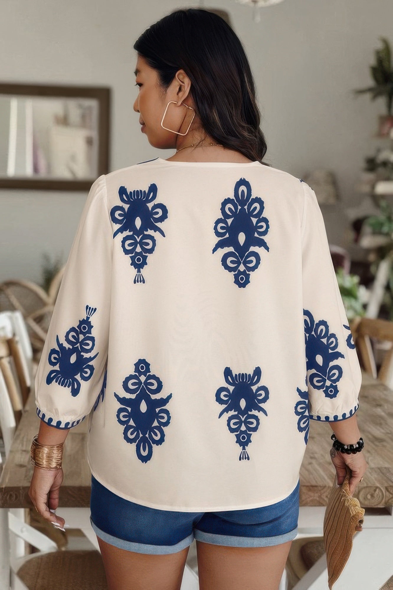 Plus V Neck Geo Print Puff Sleeve Blouse - ZumBuys