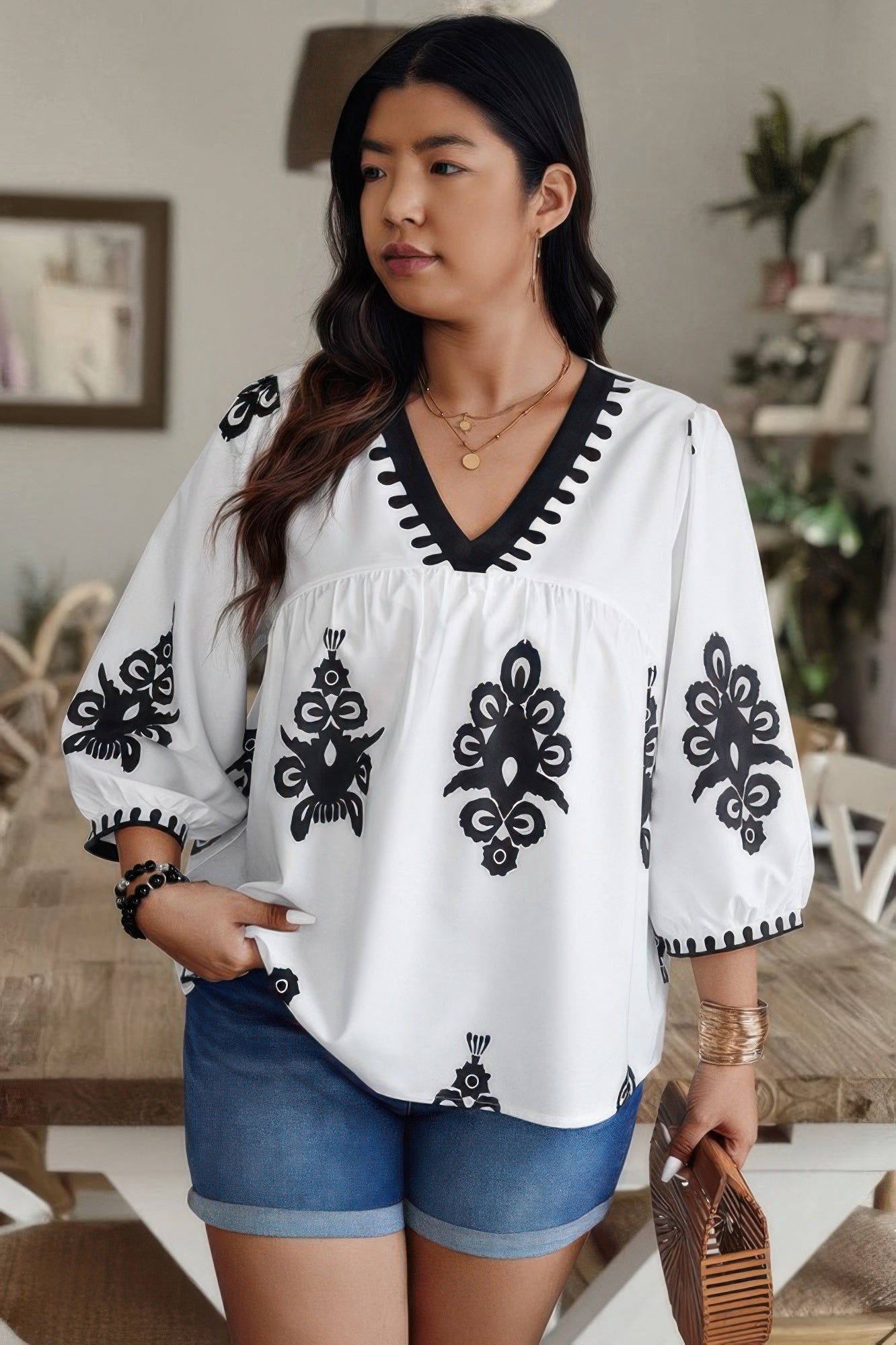 Plus V Neck Geo Print Puff Sleeve Blouse - ZumBuys